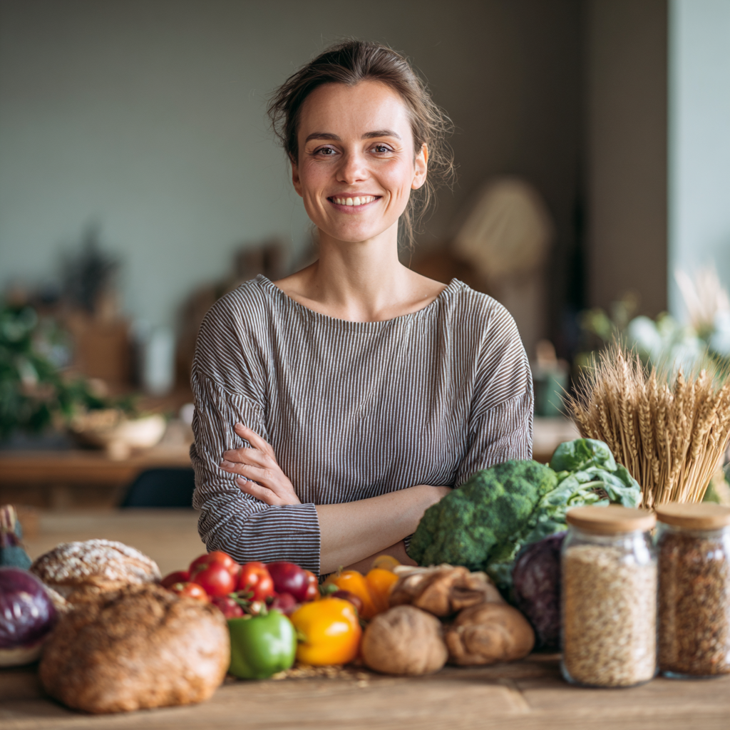 Professional nutritionist consulting with a smiling middle-aged European woman, realistic photography style showing healthy lifestyle discussion