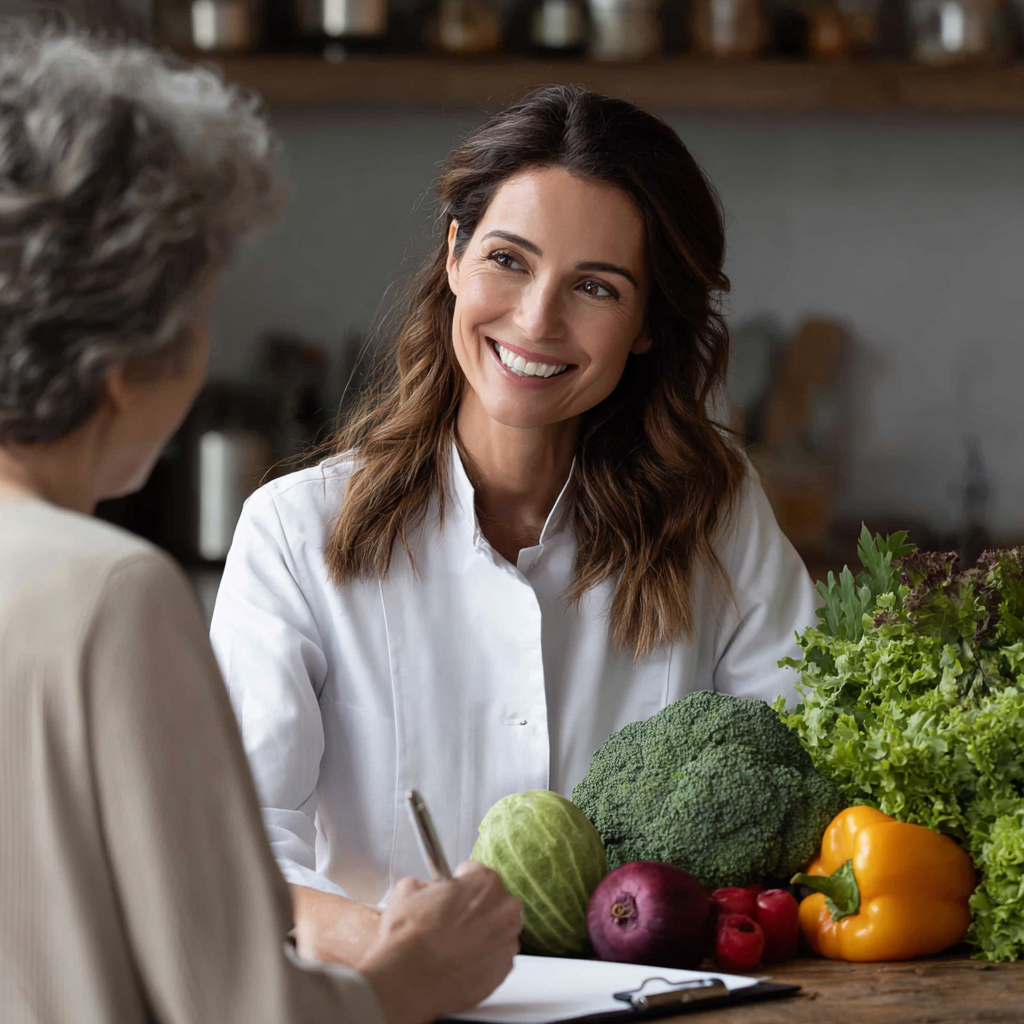 Diverse team of European nutritionists and health professionals smiling together in modern clinic setting, realistic photography style