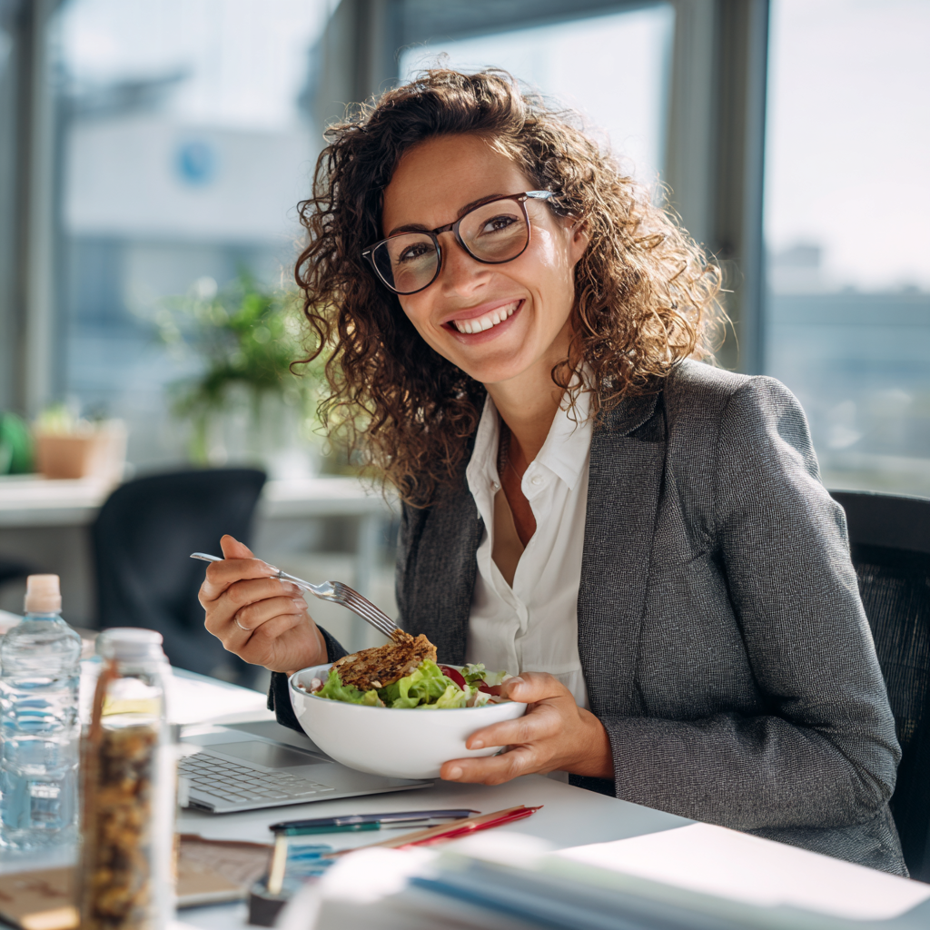European scientist or nutritionist in lab coat examining healthy foods and supplements, realistic medical photography style